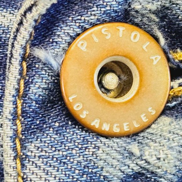 NWOT PISTOLA DISTRESSED WHISKERED RED WHITE SIDE STRIPE DENIM BLUE JEANS SIZE 27 - Picture 9 of 11